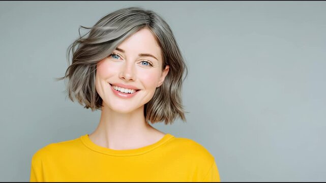 A woman with short hair and a yellow shirt. She has a smile on her face. Concept of happiness and positivity