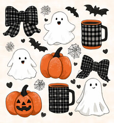 Whimsical Halloween: Pumpkins ghosts and plaid patterns create a festive and charming autumn atmosphere Perfect for seasonal celebration