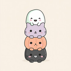Whimsical Halloween Totem: A stack of cute ghost cat pumpkin and feline figures creates a playful festive design