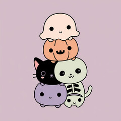 Stacked Halloween Characters: Cute ghost pumpkin black cat skeleton kitty and purple creature form a sweet spooky stack