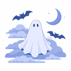 Spooky Season: A ghostly figure floats among the clouds under a crescent moon with bats flying in the night sky spooky Halloween