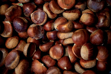 Fresh chestnuts displaying autumn harvest and raw food ingredient