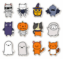 Halloween stickers showcase cute cartoon characters like mummies spiders ghosts bats and cats for a fun and spooky holiday theme