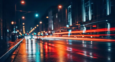 Obraz premium Vibrant Blurred City Lights Bokeh, Dynamic Urban Nightscape Background