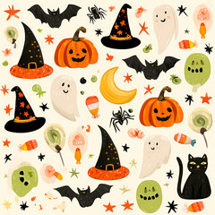 A whimsical Halloween-themed pattern featuring bats ghosts pumpkins witch hats spiders candy and a black cat against a light background