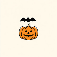 Spooky season illustration with a smiling jack-o'-lantern and a bat silhouette against a plain background perfect for Halloween
