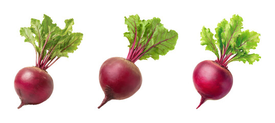Three whole raw beetroots with vibrant green tops and deep red bulbs, isolated on a black background. PNG set, transparent background.