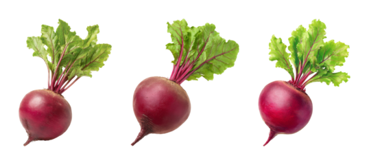 Three whole raw beetroots with vibrant green tops and deep red bulbs, isolated on a black background. PNG set, transparent background.