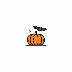 Halloween Icon: Cartoon pumpkin with a bat flying above it perfect for spooky season designs cute and simple illustration style