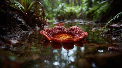A huge, strange, red flower floats on the surface of a puddle in a green forest
