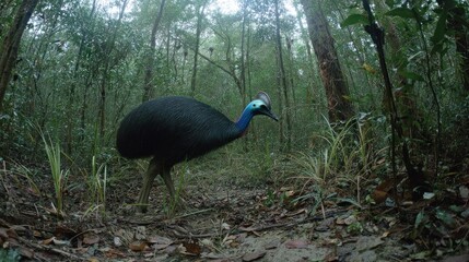 A large, flightless bird, the cassowary, wanders through dense tropical forest terrain