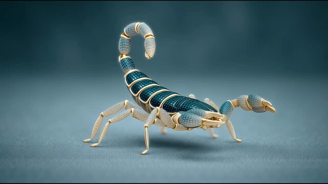 A scorpion with gold and blue stripes is standing on a grey surface. The image has a metallic and futuristic feel to it