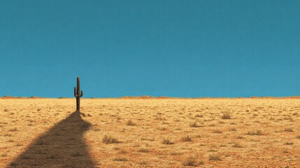 A lone saguaro casts a long shadow in an arid desert under a clear blue sky