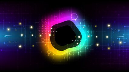 Colorful neon shape and computer technology background. Abstract futuristic digital network communication on electronic circuit