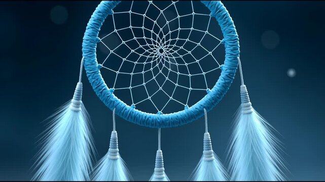 A beautiful blue and white dreamcatcher with feathers is suspended in the air. The feathers are arranged in a spiral pattern, and the dreamcatcher is positioned in the center of the image