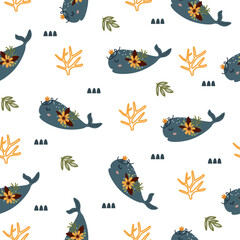 Whimsical Pixel Art Whale Pattern with Coral and Seaweed on a White Background