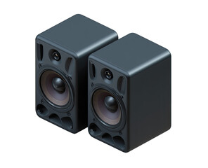 Obraz premium Two dark gray studio monitors, angled slightly apart, featuring a visible speaker cone on each