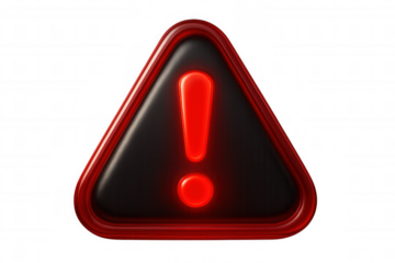 Glowing red exclamation mark icon inside a black and red triangle, symbolizing warning, alert, and danger on transparency