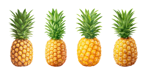 A line of four ripe, golden pineapples with vibrant green leaves, isolated on black background, perfect for tropical design and healthy food projects. PNG set with transparent background.