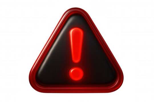 Glowing red exclamation mark icon inside a black and red triangle, symbolizing warning, alert, and danger on transparency