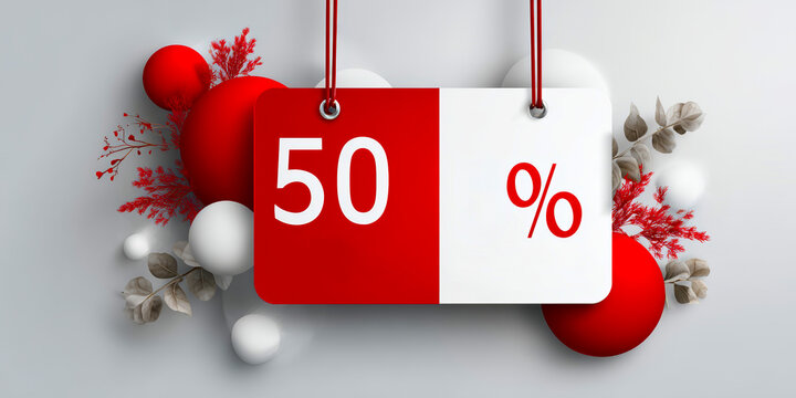 A promotional tag displaying a 50% discount. The tag is red and white, surrounded by decorative red and white spheres and foliage. Ideal for marketing events.