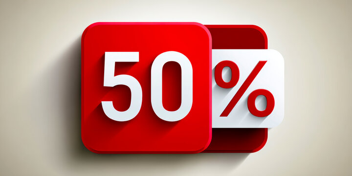 Red discount sign displaying 50% off. The design is bold and eye-catching, suitable for marketing promotions and sales events.