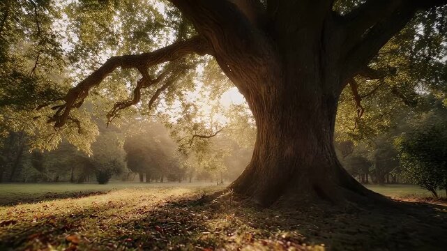 A colossal tree dominates a park landscape, sunlit canopy above with a gentle, misty background