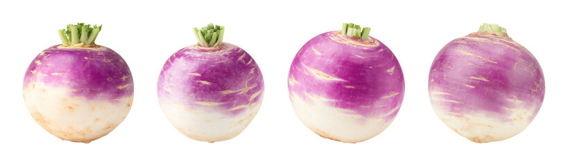 Fresh Turnip Root Vegetable Collection, Vibrant Purple and White, Isolated on Black Background, PNG set with transparent background
