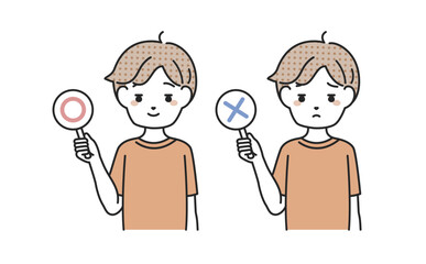 マルとバツの札を持つ男性