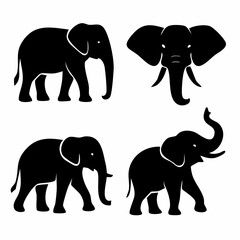 Set of four minimalist black elephant silhouettes isolated on a clean white background representing a simple icon collection