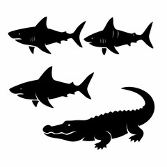 Set of four minimalist black silhouette animal icons including a firefly presented as flat mini vector graphics isolated on a white background