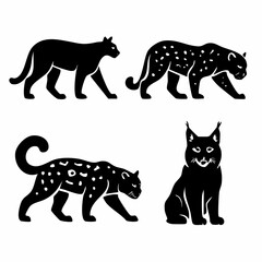 Collection of four distinct big cat silhouettes in black presented as flat and mini icons on a clean white background