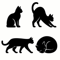 Set of four minimalist black cat silhouettes isolated on a clean white background perfect for graphic design and branding projects