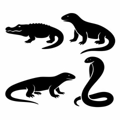 Set of four minimalist black reptile silhouettes perfect for educational or nature themed designs presented on a clean white background