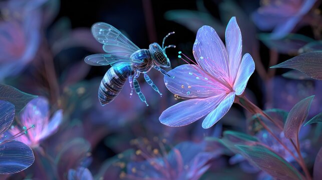 Bee pollinating flower in glowing garden