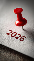 Red pin marks year 2026 on white paper