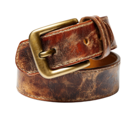Rugged vintage leather belt with antique brass buckle, rustic brown, masculine accessory, isolated on black background, PNG set, transparent background