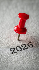 Red pin marks year 2026 on white paper