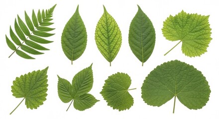 Assortment of green leaves showcases diverse shapes and textures on a white backdrop