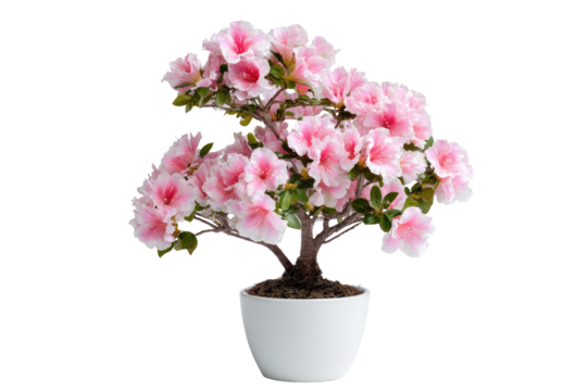 Pink azalea bonsai in white pot