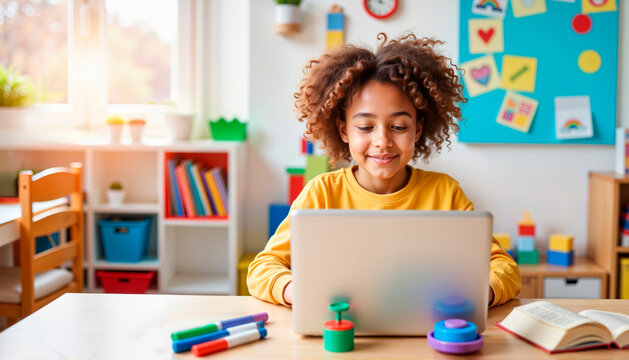 Young girl smiling during distance learning with laptop at table in colorful play area, education