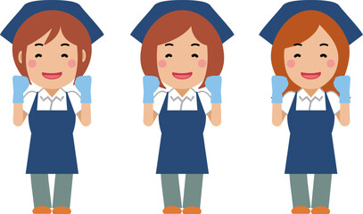 がんばります。と笑顔の紺色エプロンの女性清掃員