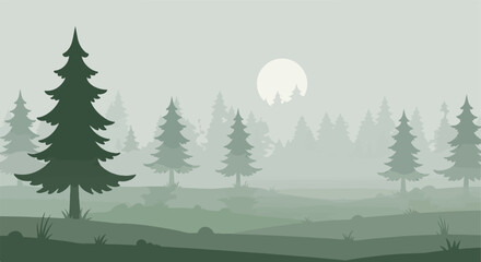 Fototapeta premium Minimalist Vector Forest Scene in Green Tones with Mountain Silhouettes and Moon in Modern Style