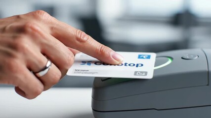 A person's hand with a silver ring taps a white contactless card on a modern grey payment terminal.