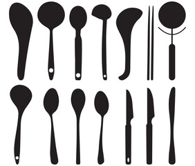 Minimalist Black Cutlery Silhouette Set – Spoon, Fork, and Knife Icons for Restaurant and Kitchen Design Vector Illustration