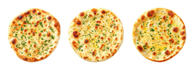 Three delicious garlic naan bread pieces with fresh parsley, golden brown crust, and melted butter, isolated on black PNG set transparent background