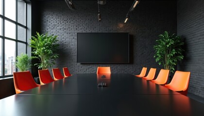 Modern conference room with black table and orange chairs. Plants and brick wall create stylish workspace. Large screen for presentations. Bright interior.