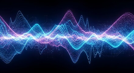 Abstract visualization of glowing digital waves in blue and purple on dark background