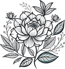 Elegant black and red modern floral line art illustration with delicate petals and stems