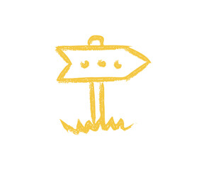 Simple Yellow Arrow Signpost on White Background with Grass Detail Represents Direction Choice and Guidance